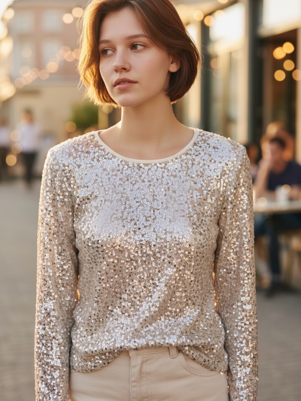 Sequin Long-Sleeve Crewneck Top In Champagne